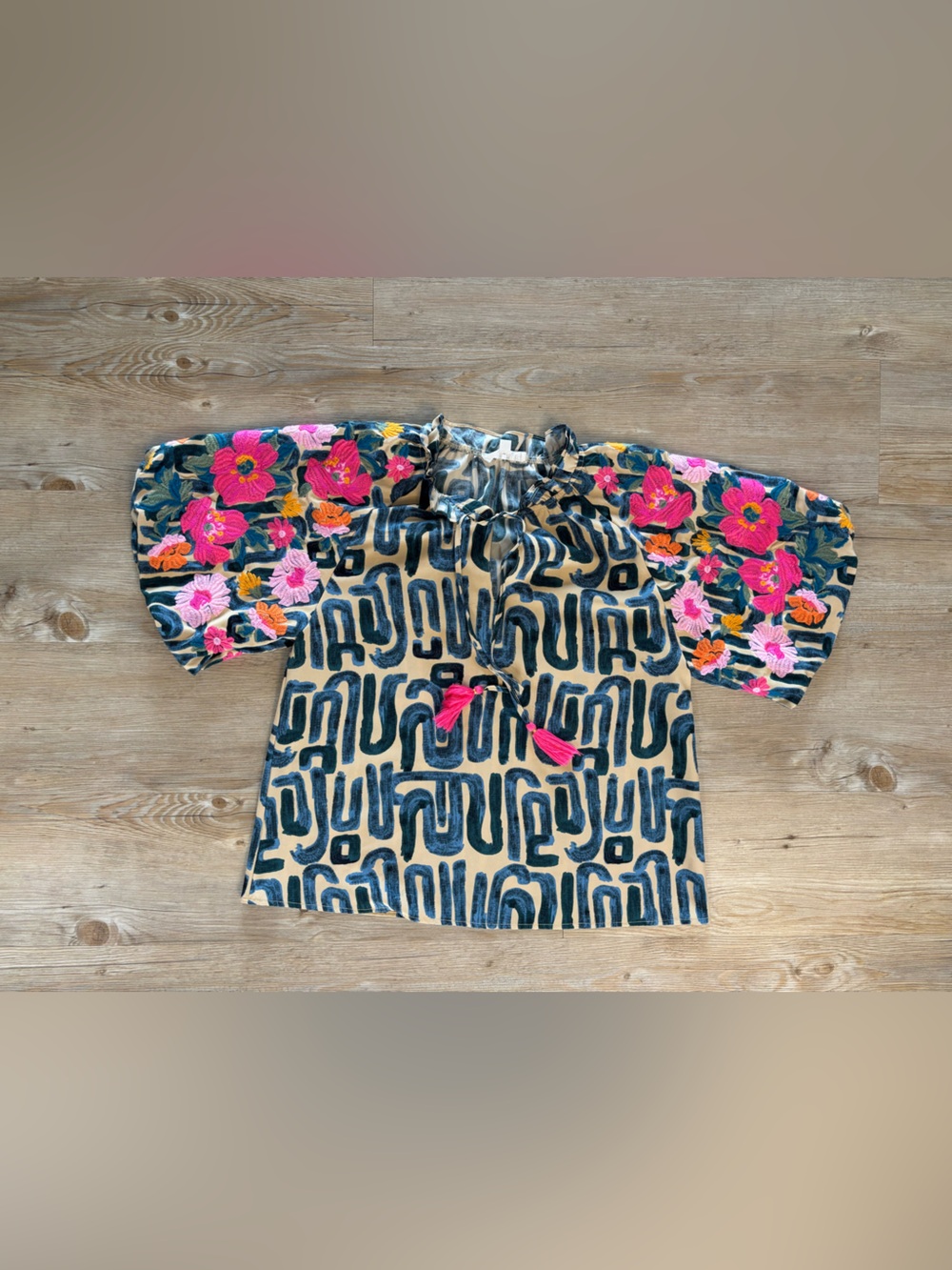 THML Cream & Navy Geometric Top with Pink Floral Sleeves